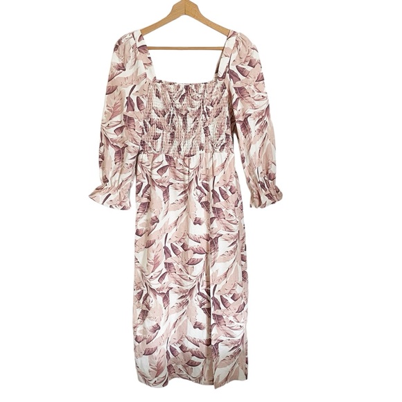 House of Harlow 1960 Smocked Palm leaf Lilen Blend Long Sleeve Midi Dress size S - Picture 1 of 6